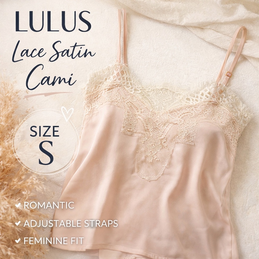 Lulus CamiBlush Pink Lace Trim Satin Cami Tank Top Adjustable Straps S